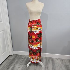 Tropical Red Maxi Wrap Skirt with Floral and Van Print